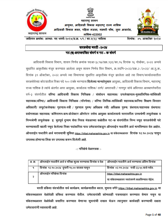 Adivasi Vikas Vibhag Bharti 2024