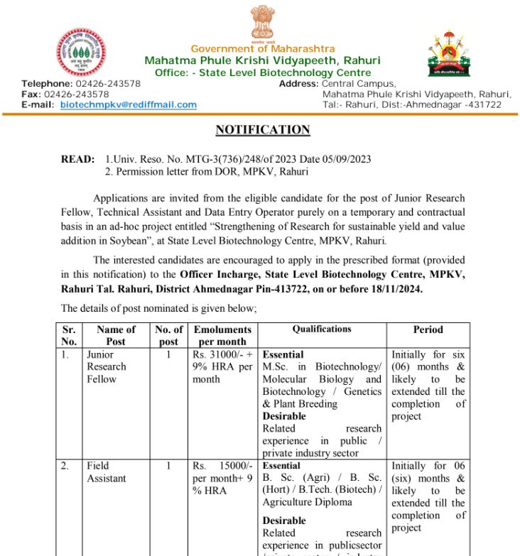 MPKV Ahmednagar Bharti 2024