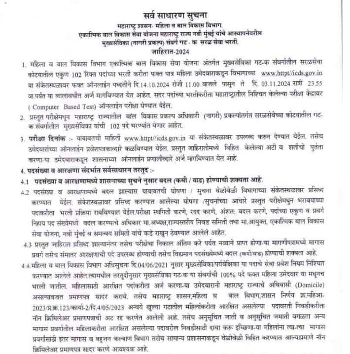 Mahila Bal Vikas Vibhag Bharti 2024